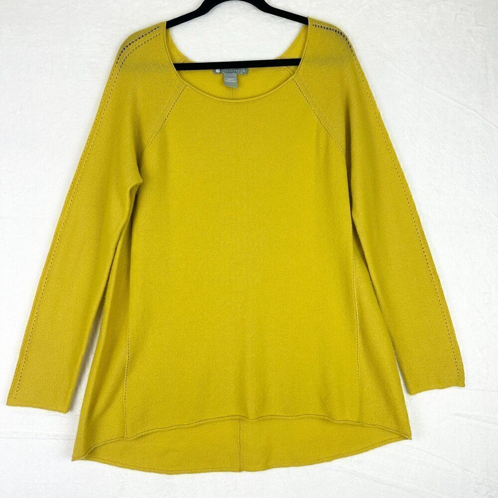 Incashmere Scoop Neck Sweater Size XL Perforated Detail Yellow Quiet Luxury
